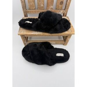 Victoria's Secret PINK Faux Fur Slippers Womens Large Black Excellent Fuzzy